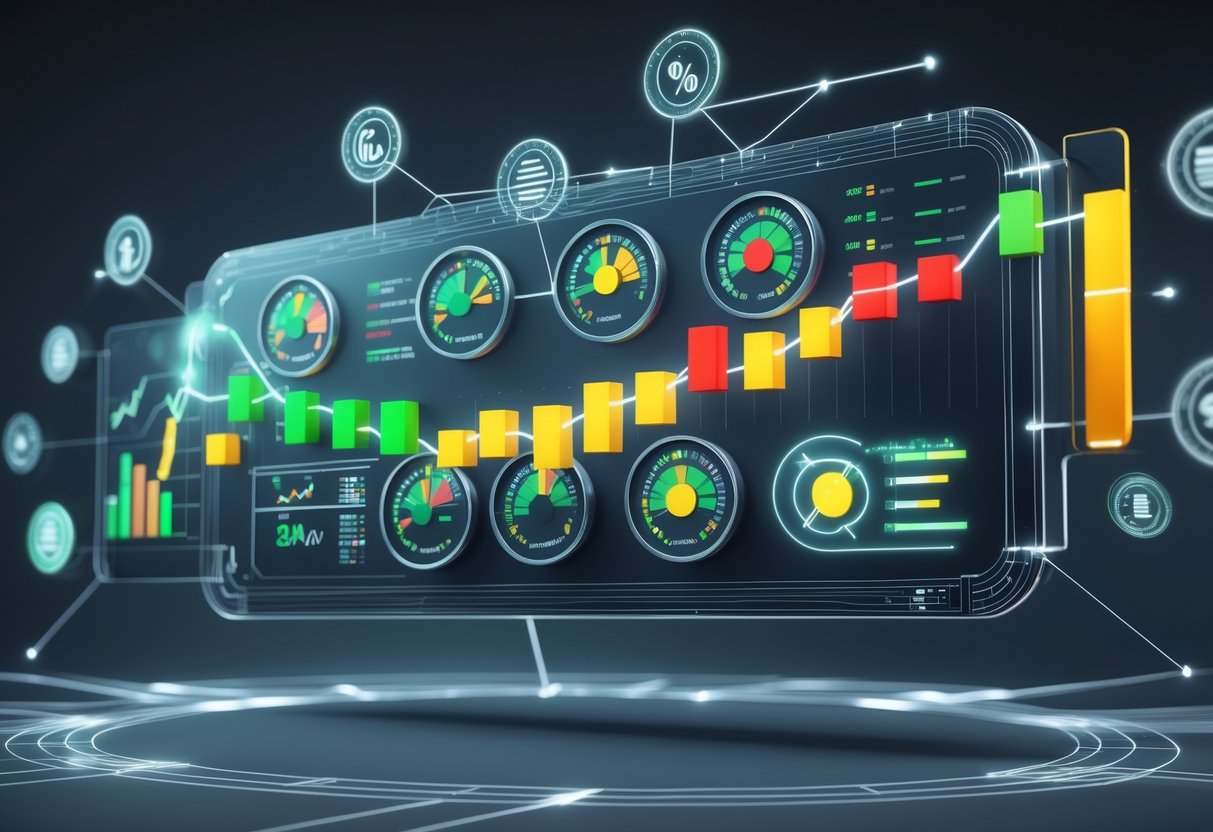 A futuristic digital dashboard showing interconnected circular rating gauges and bar graphs with glowing segments, surrounded by holographic finance icons and light trails.