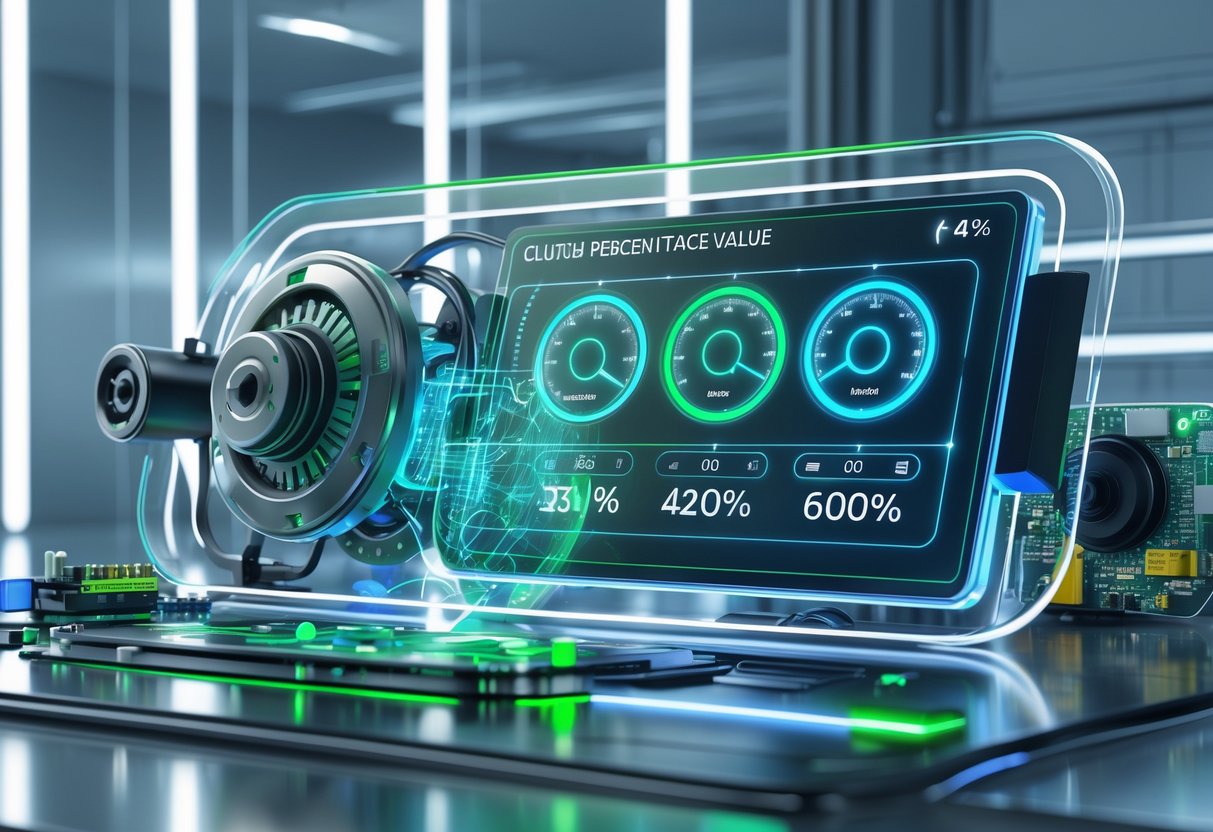 3D rendering of a futuristic diagnostic interface showing clutch components with glowing gauges and data connections in a high-tech lab setting.