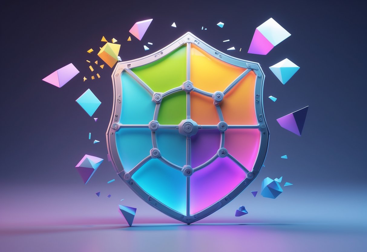 A 3D image showing a glowing segmented shield absorbing and deflecting incoming abstract shapes representing damage.