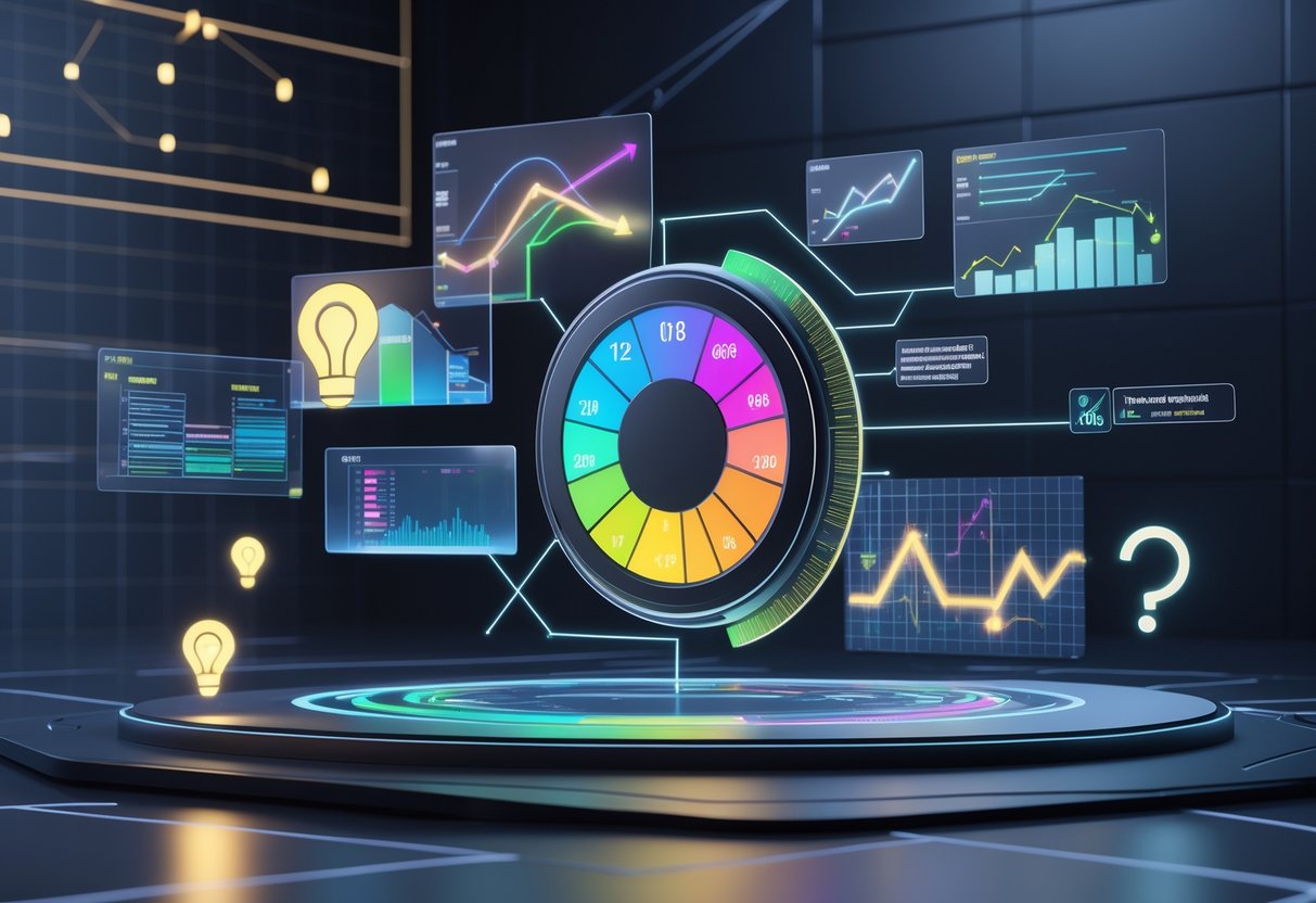 A 3D scene showing a futuristic digital dashboard with floating charts and a circular gauge indicating clutch percentage, surrounded by icons representing myths and facts.
