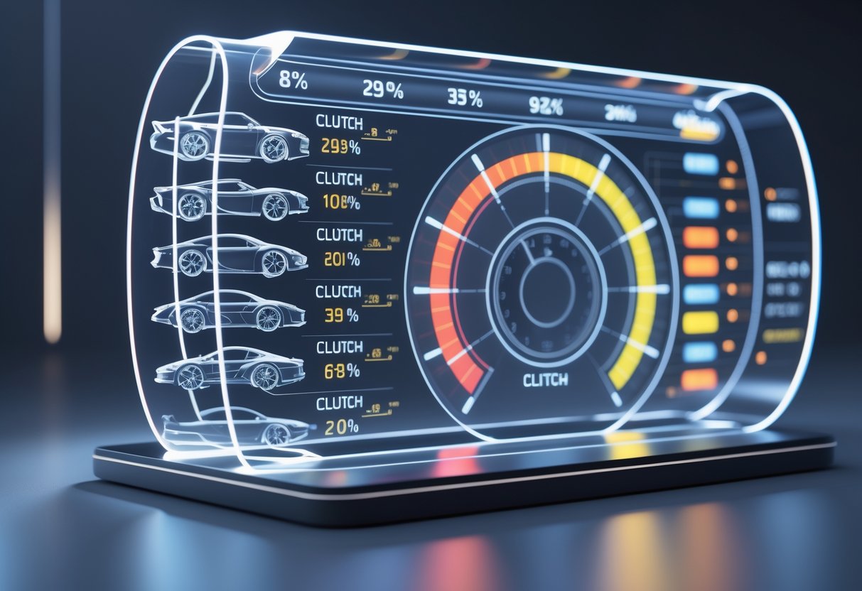 A 3D holographic dashboard showing clutch percentage levels for different types of vehicles using colourful circular gauges and bar graphs.