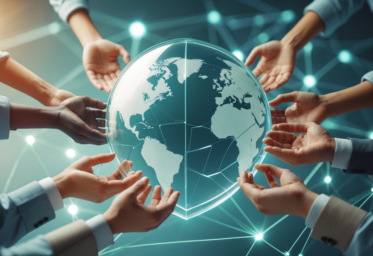 A 3D image showing multiple hands holding pieces of a cracked globe around a central protective shield, symbolising shared responsibility in managing damage.