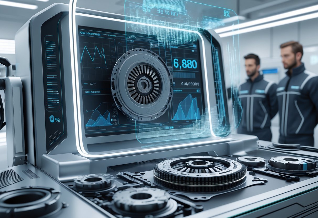 A futuristic workshop with a high-tech machine analysing a clutch assembly, showing holographic graphs and percentage values while engineers observe the process.