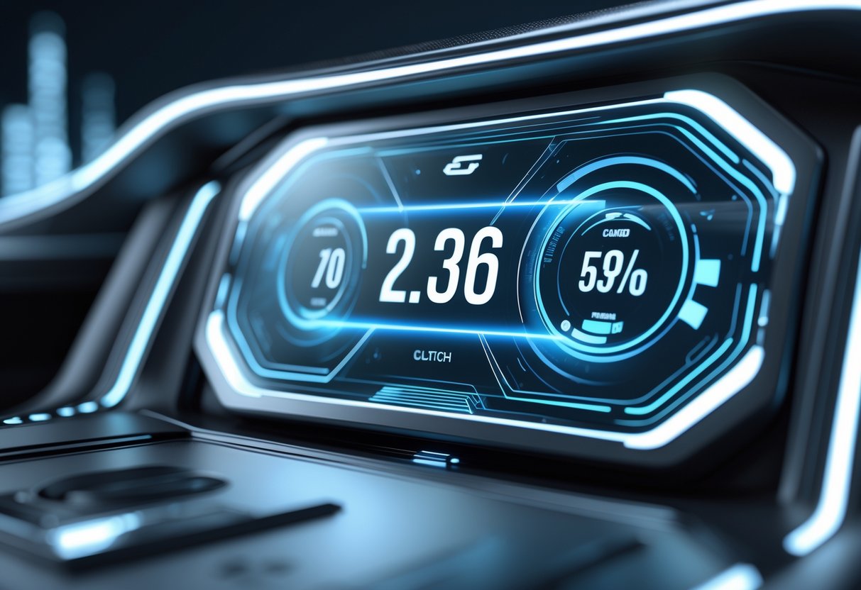 A 3D digital dashboard showing a glowing clutch percentage value with circular progress bars and graphs in a high-tech environment.
