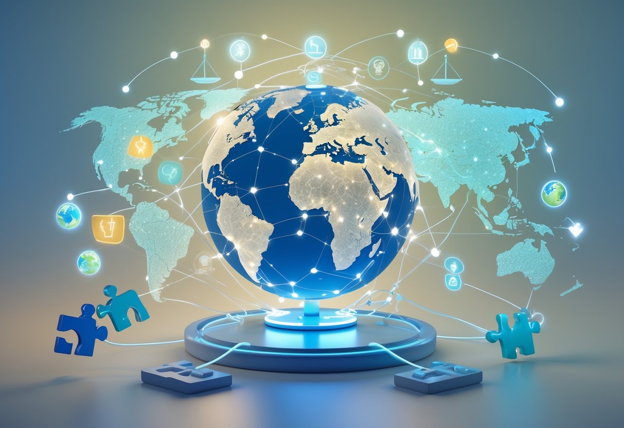 A 3D rendering of a globe with interconnected lines and symbols representing countries cooperating to share responsibility for damage.
