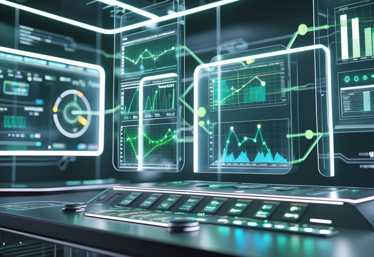 A futuristic control room with holographic screens showing graphs and data, a central console with illuminated controls, and interconnected digital interfaces representing system metrics.