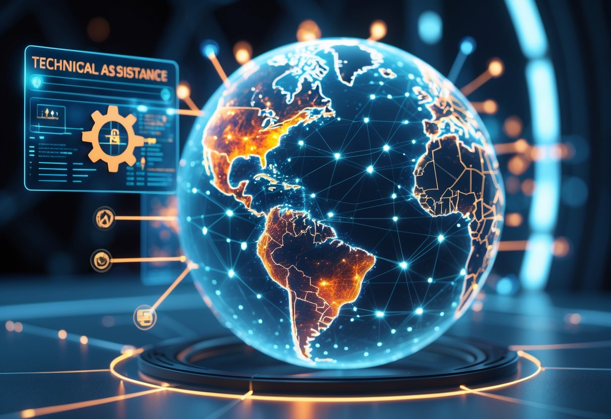 A 3D globe showing interconnected nodes and highlighted damaged areas with icons representing technical assistance and cooperation.