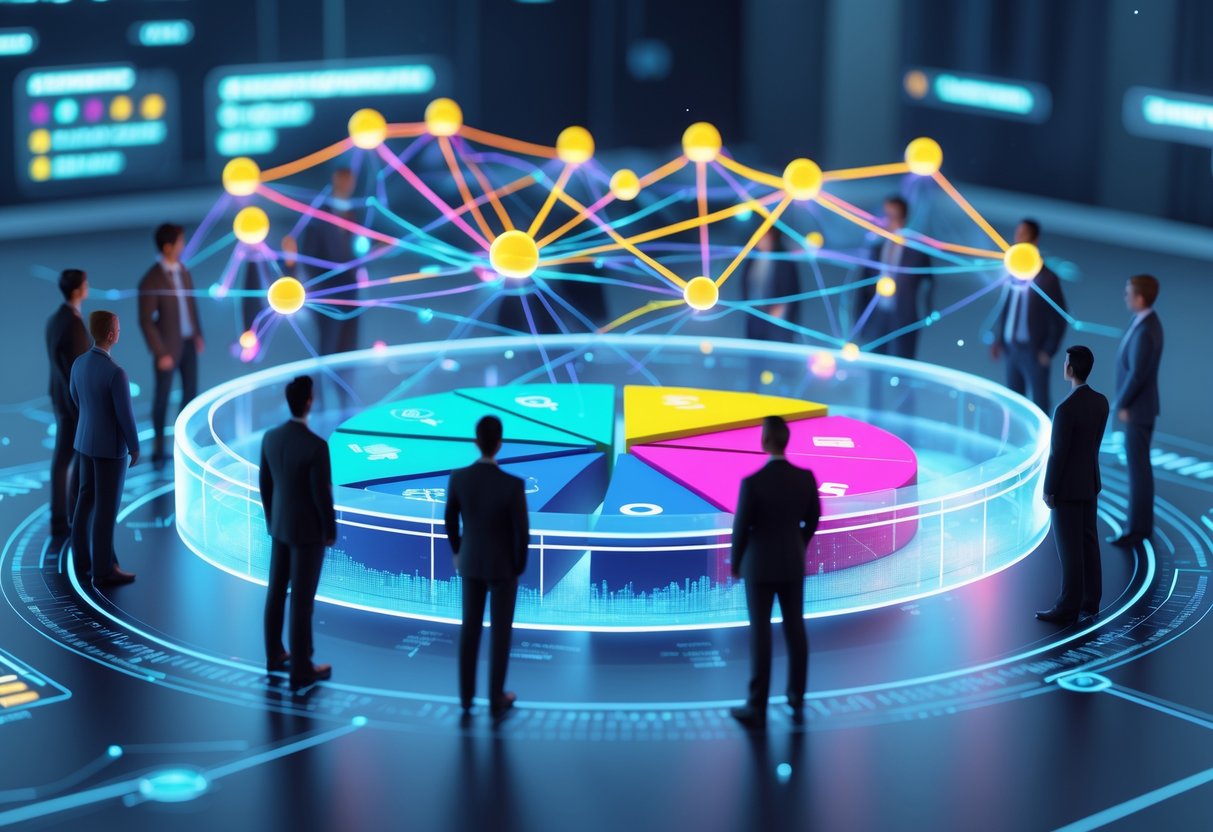 A group of diverse people gathered around a circular table with a holographic pie chart showing damage shares, connected by glowing lines representing collaboration.
