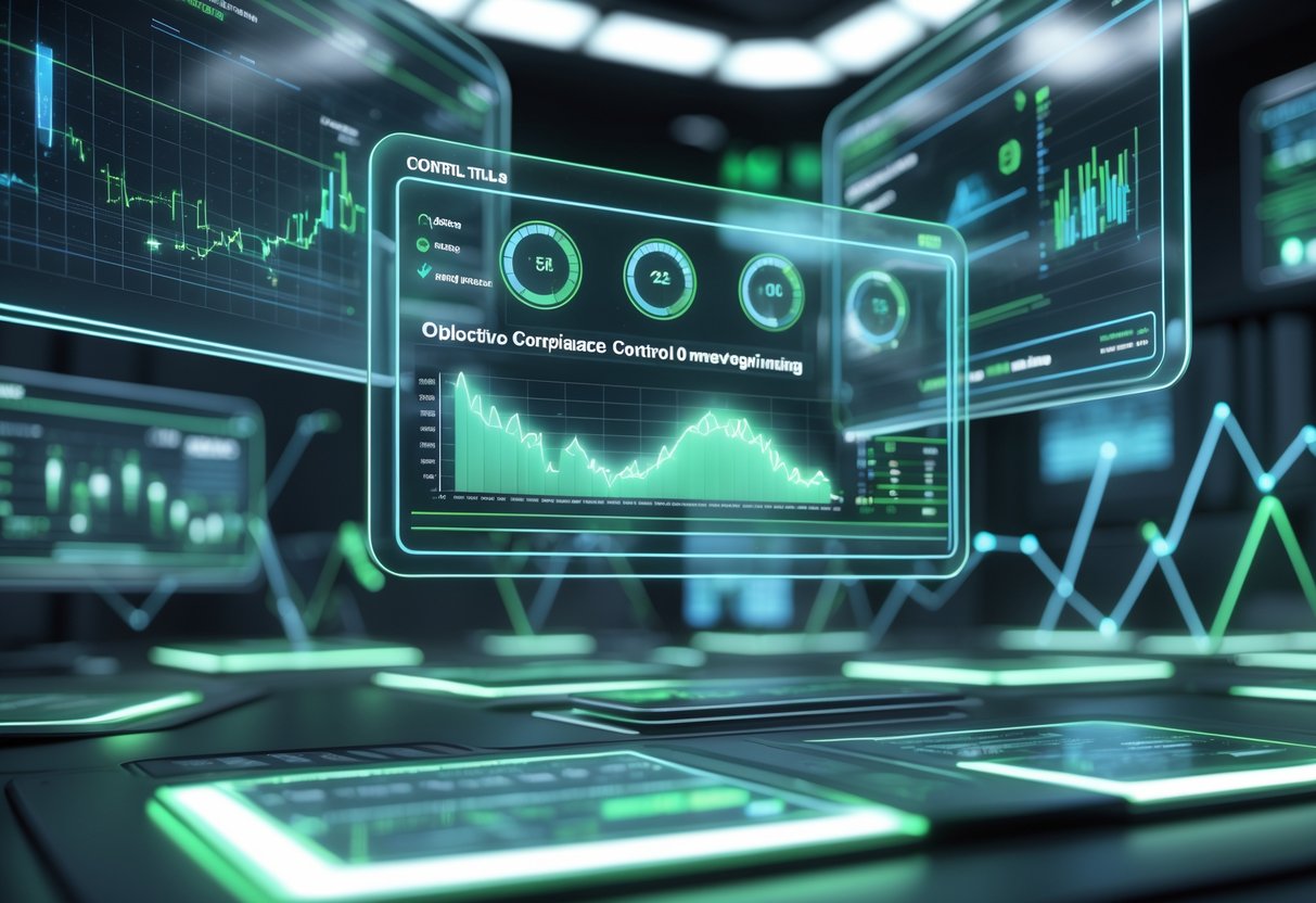 A futuristic control room with floating digital screens showing graphs and charts, centred around a glowing holographic dashboard displaying data metrics.
