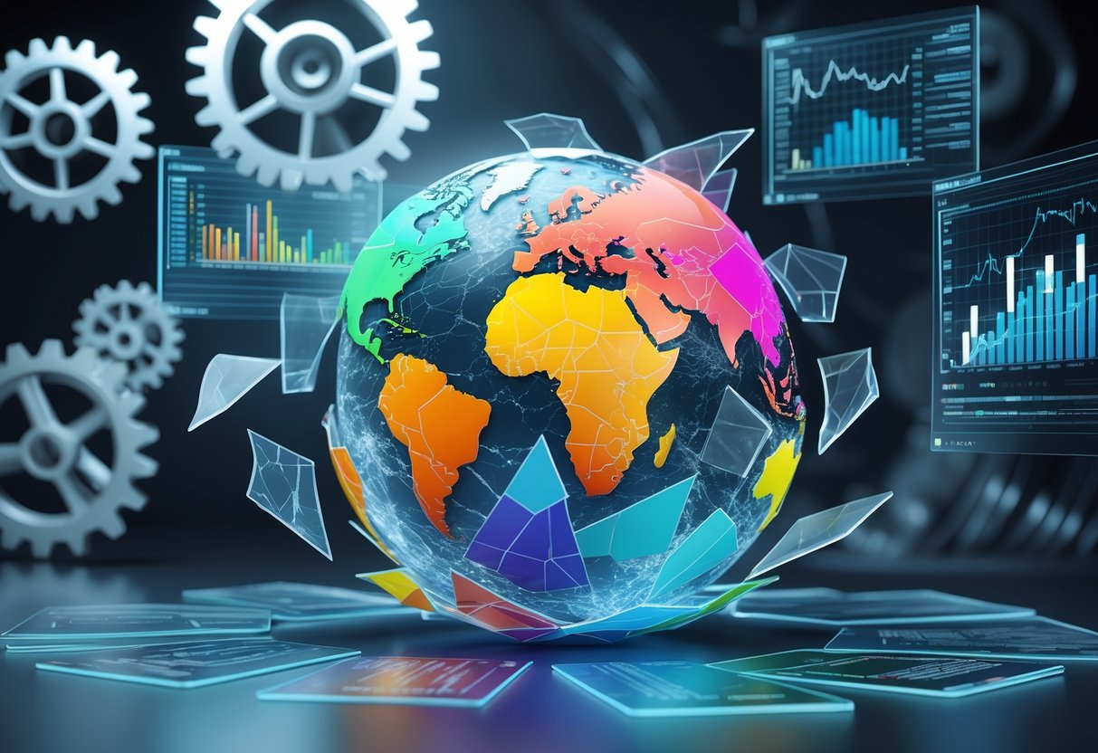 A 3D scene showing a segmented globe with colourful shards and floating data panels, surrounded by abstract gears and digital grids, representing challenges in measuring damage share.