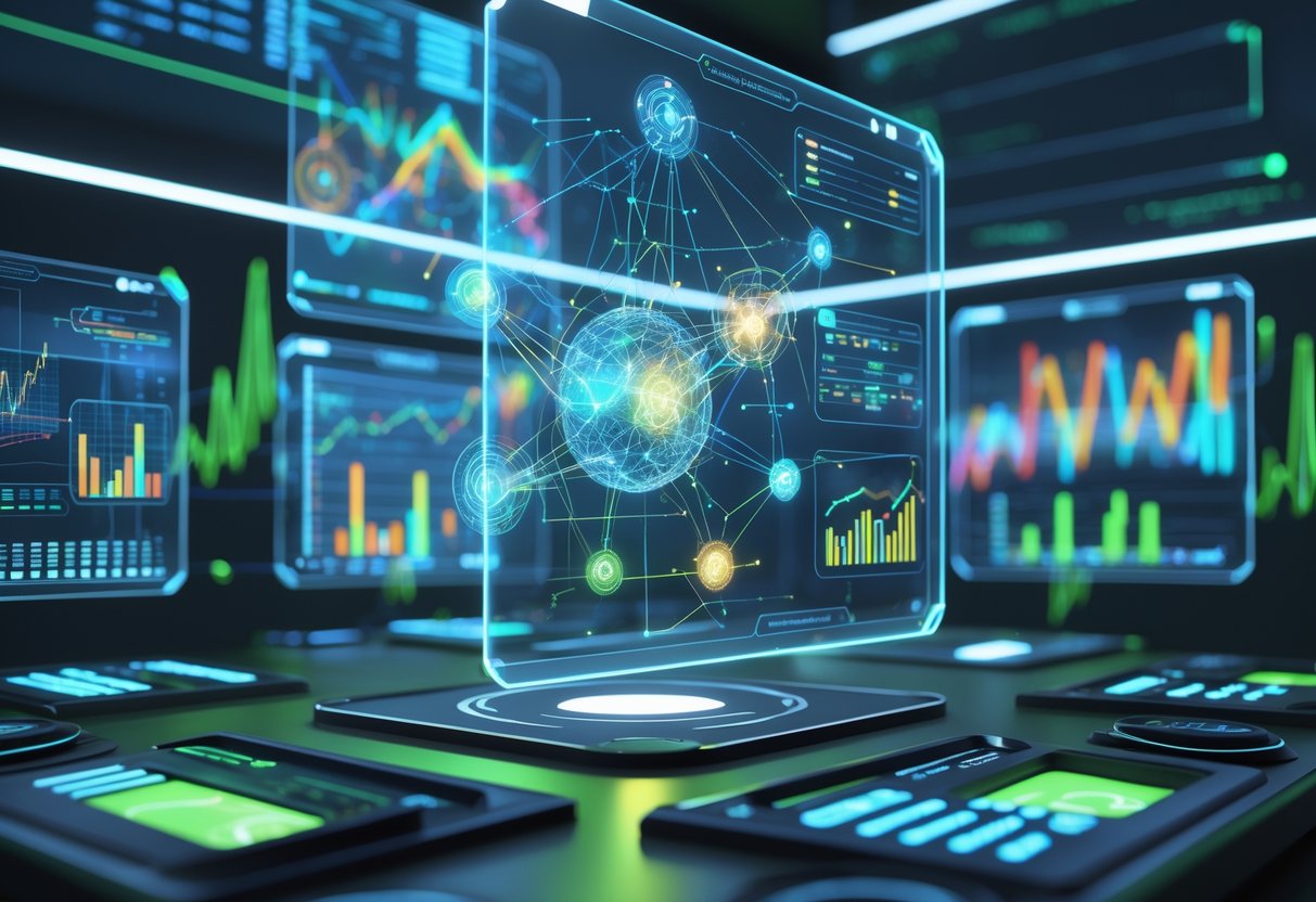 A futuristic control room with floating holographic screens showing colourful graphs and interconnected data points representing risk management metrics.