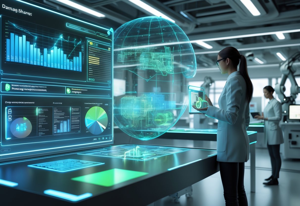 A futuristic laboratory with scientists interacting with holographic displays and 3D models showing data analysis and research activities.