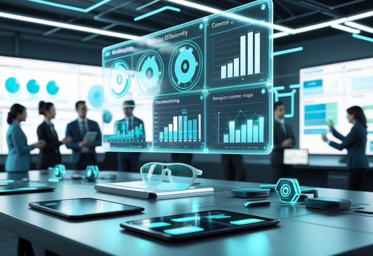 A 3D scene showing a modern office with a digital dashboard displaying charts and graphs, and people collaborating around interactive screens.