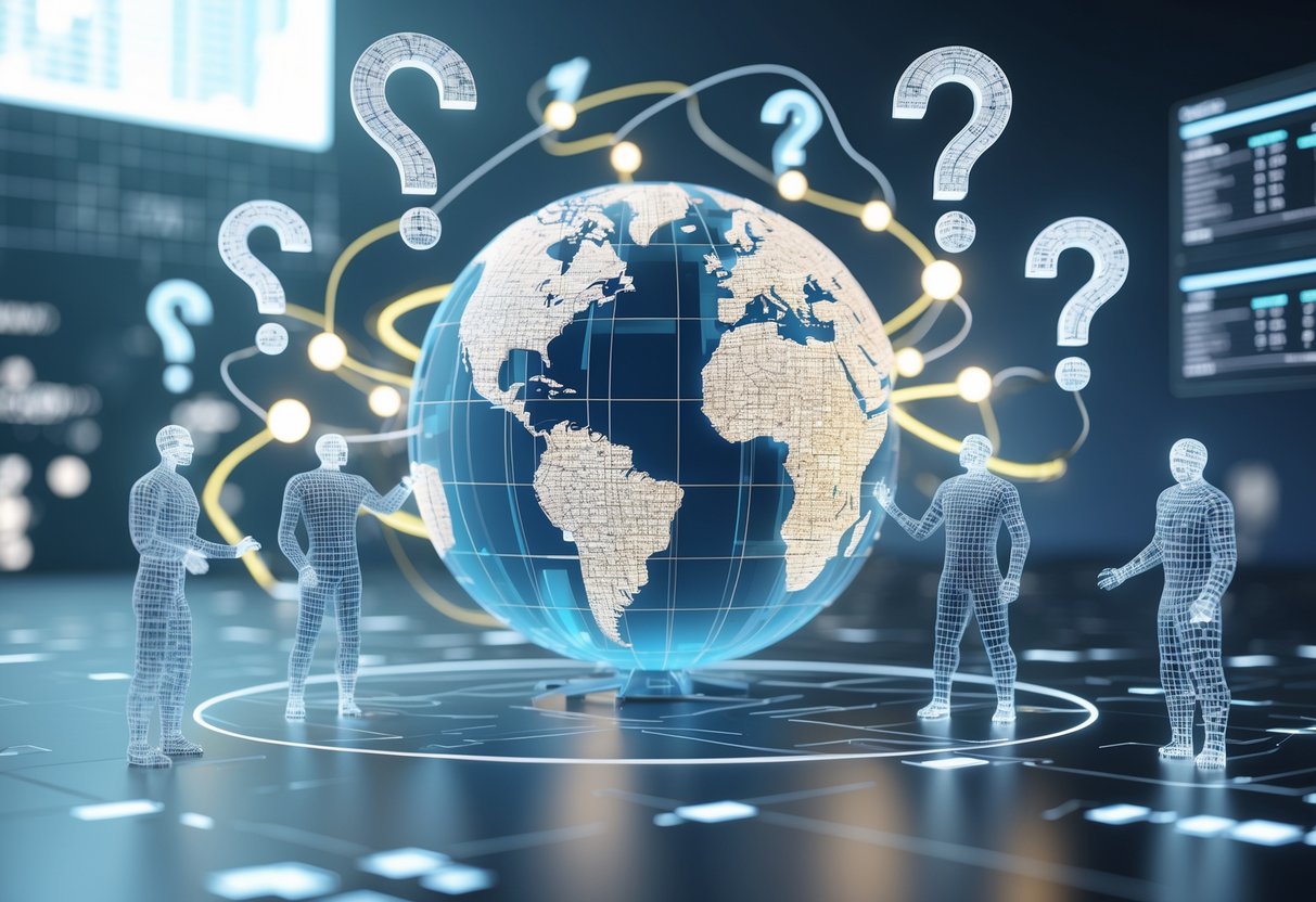 A 3D scene showing a globe made of puzzle pieces surrounded by floating question marks connected by glowing lines, with abstract figures interacting with data streams and charts.