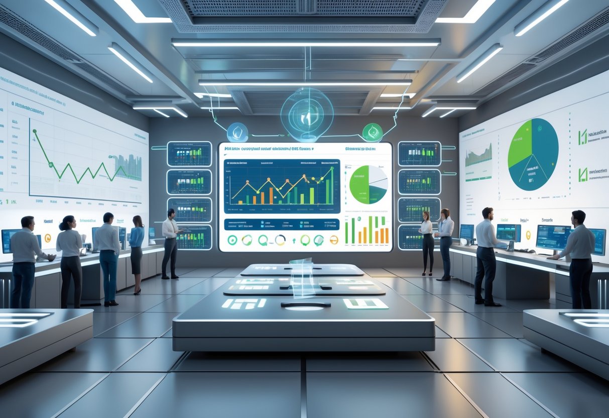 A modern control room with people analysing data on transparent digital screens and a central holographic dashboard showing graphs and metrics connected by nodes representing accountability.