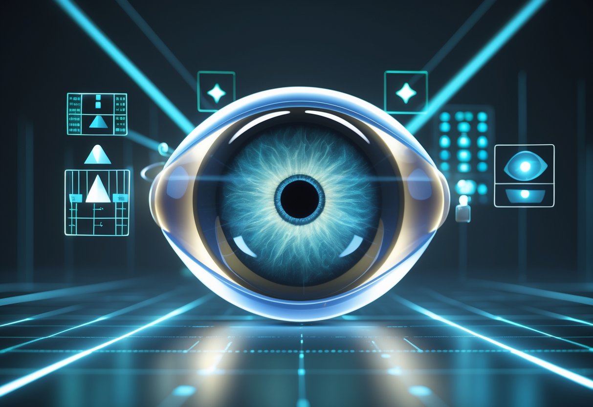 A detailed 3D image of a human eye with layers visible and holographic eye test charts floating around it, showing light focusing on the retina.