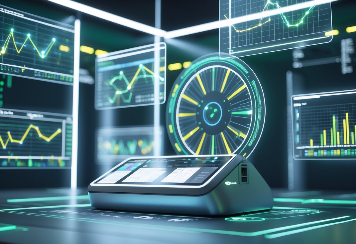 A 3D scene showing a futuristic control room with floating holographic screens displaying graphs and charts for monitoring performance and improvement metrics.