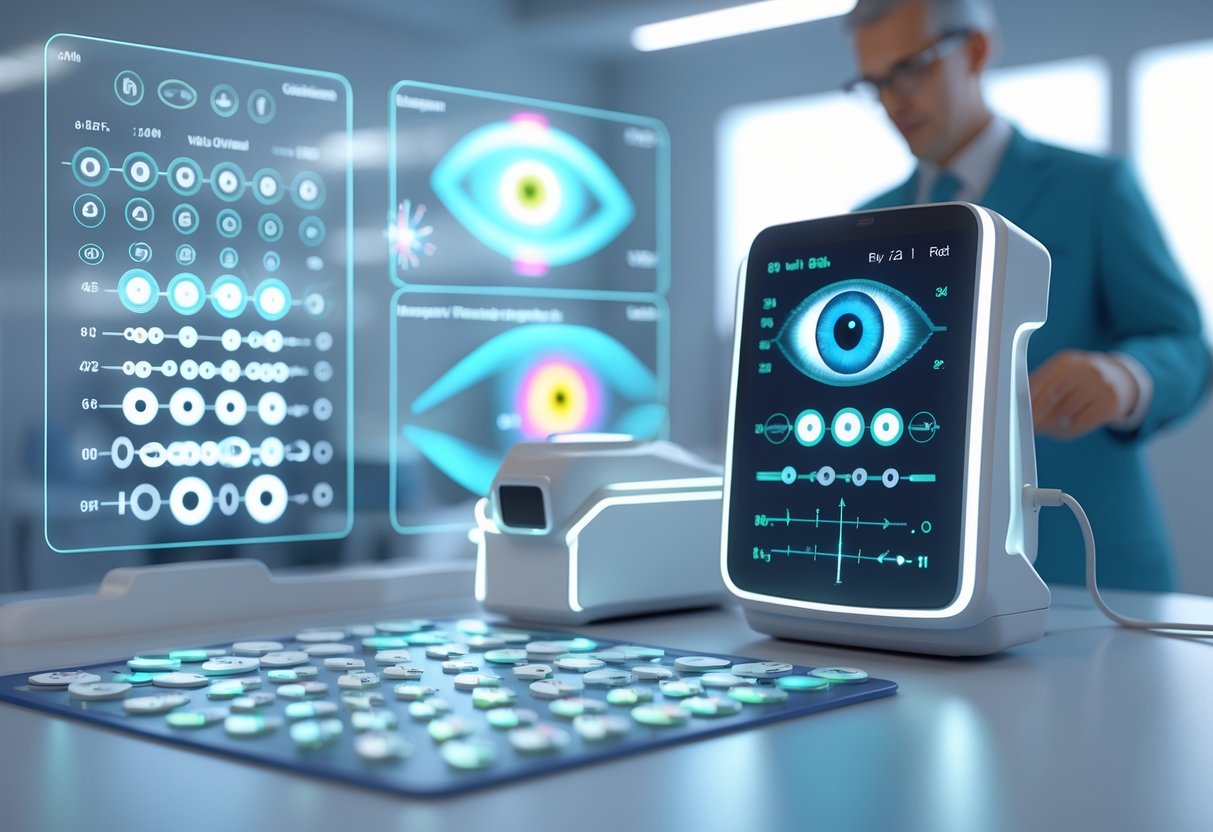 A 3D scene inside an optometry clinic showing eye examination equipment, holographic displays representing different vision types, and an optometrist using the devices.