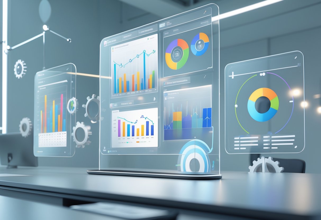 A 3D scene showing a futuristic digital workspace with floating holographic screens displaying colourful charts and progress indicators related to project management and objective tracking.