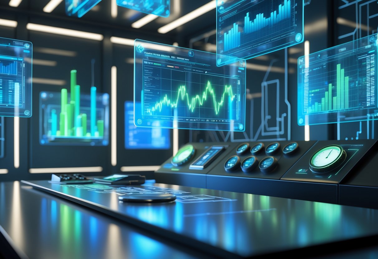 A futuristic control room with floating holographic screens showing charts and data, centred around a modern workstation with digital dials and gauges.