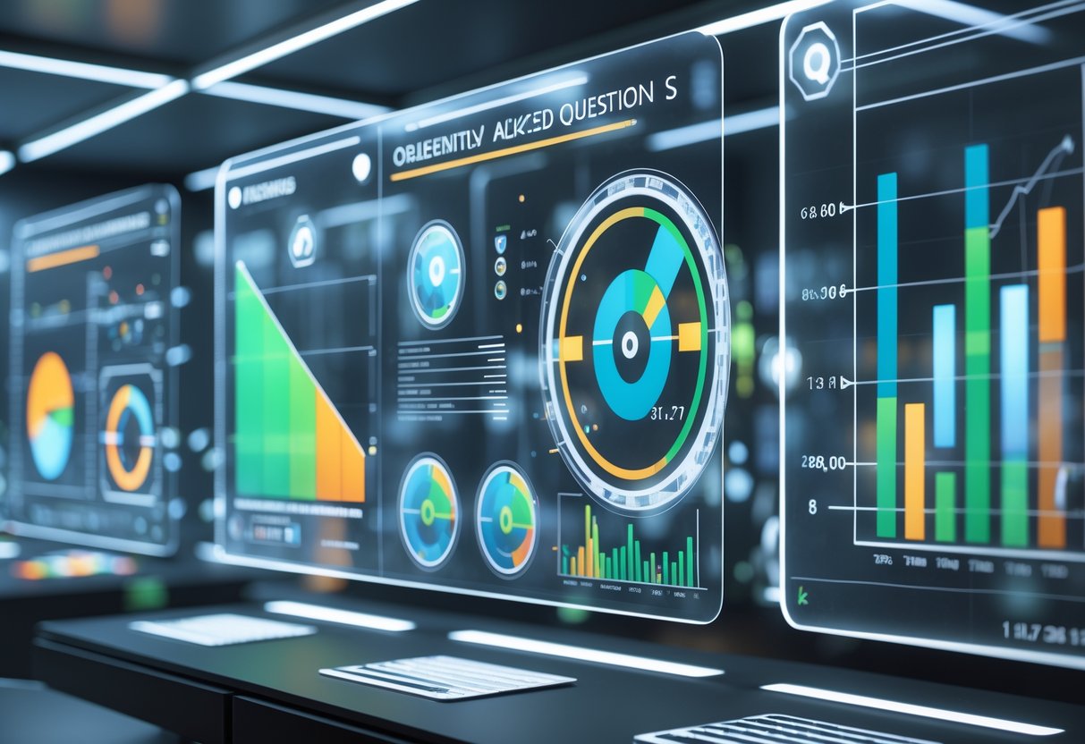 A futuristic control room with multiple floating holographic screens showing charts and graphs representing objective metrics.
