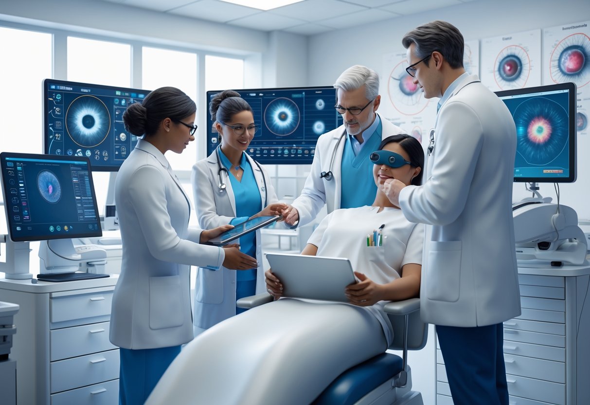 A group of healthcare professionals assessing a patient's vision using advanced eye examination equipment in a clinical room.