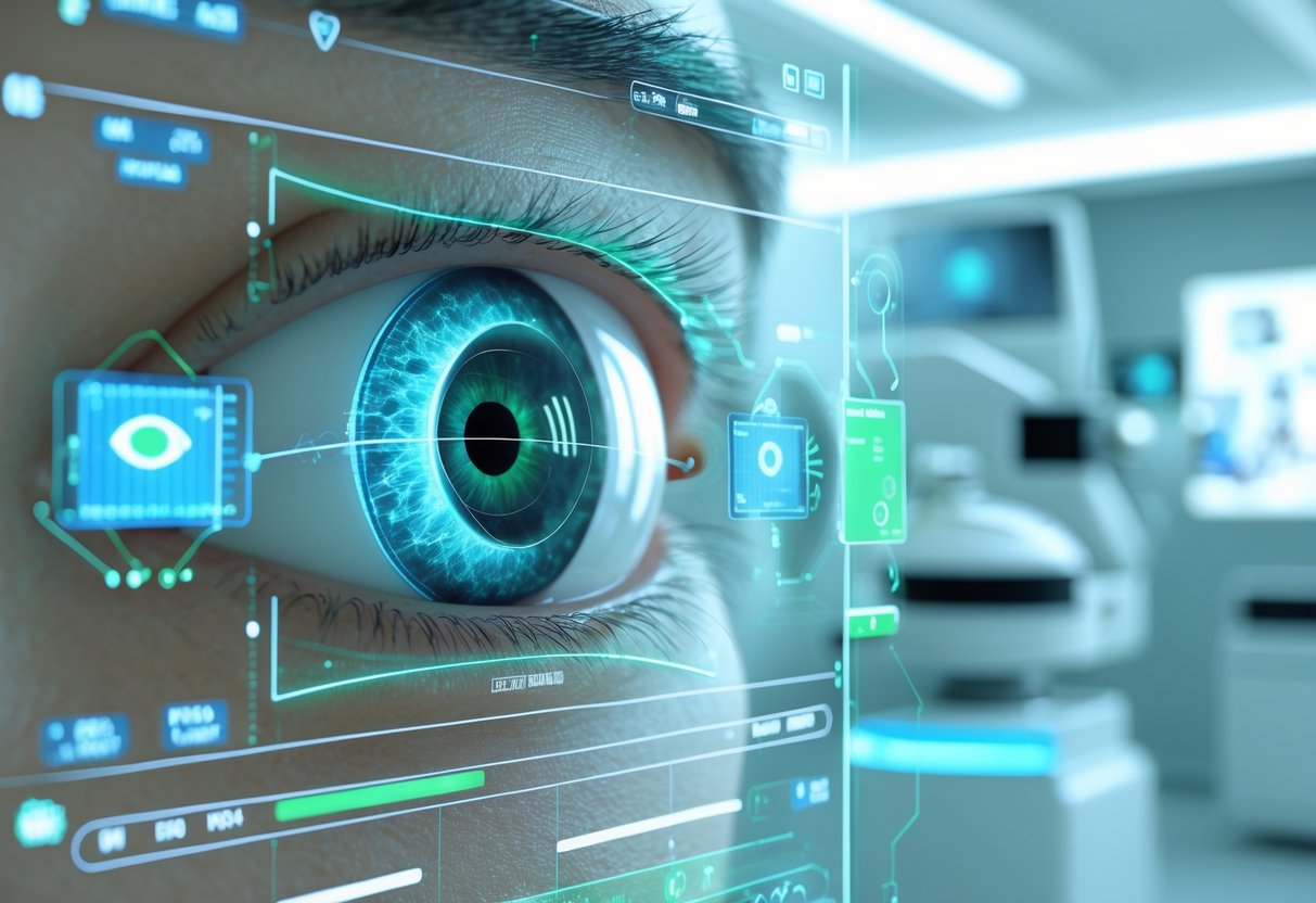 A close-up of a human eye with holographic digital interfaces displaying visual data and eye anatomy in a modern clinical setting.