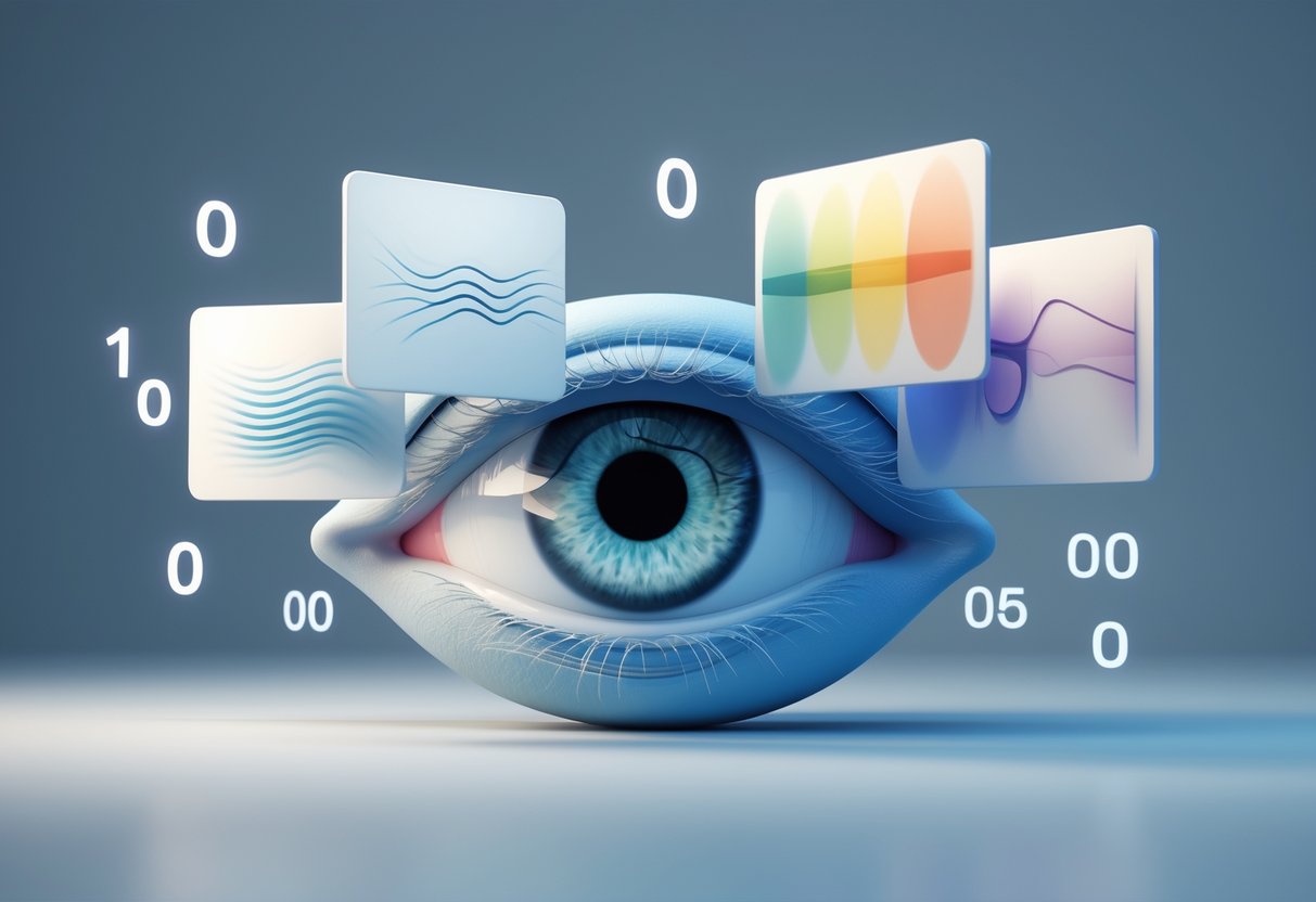 A 3D image showing a human eye surrounded by floating abstract shapes representing different vision problems and glowing numbers indicating vision scores.
