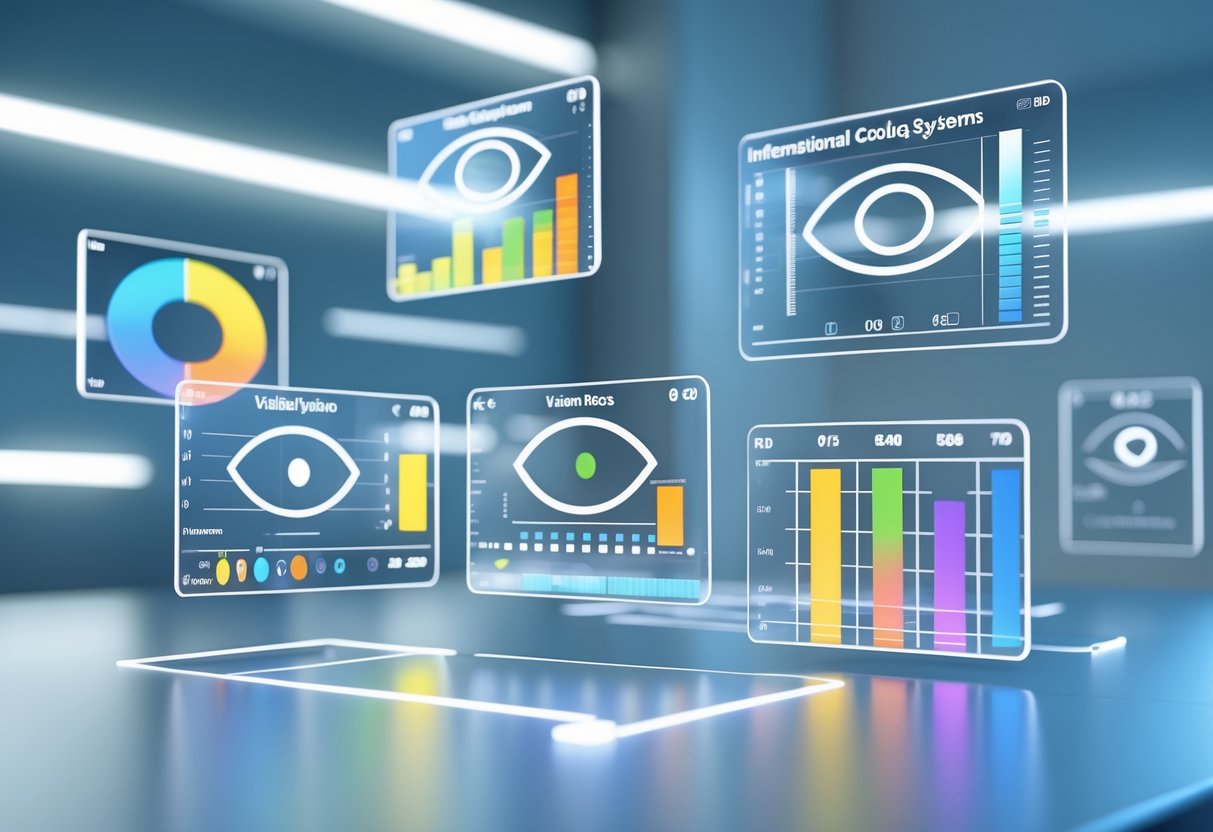 A 3D scene showing floating holographic charts and eye icons comparing different international vision scoring systems.