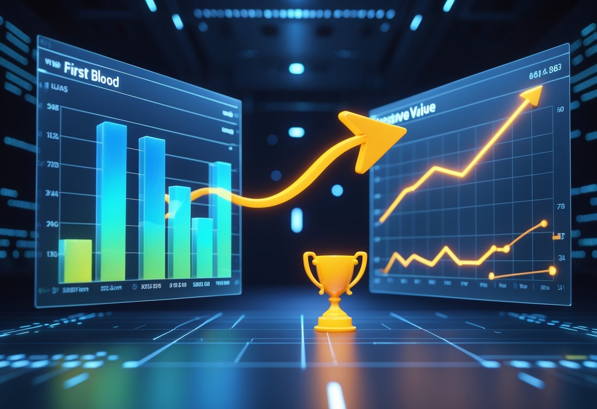 A 3D scene showing two floating holographic charts side by side with colourful bars and curved lines, connected by a glowing arrow from a sword icon to a trophy icon, representing the link between first blood events and win rates.