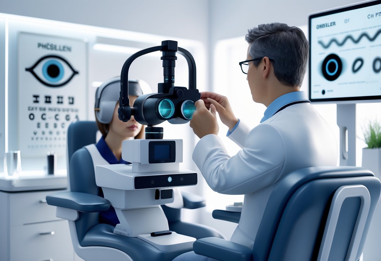 A patient sitting in an optometrist's chair looking into an eye test device while the optometrist adjusts it in a bright clinic room.