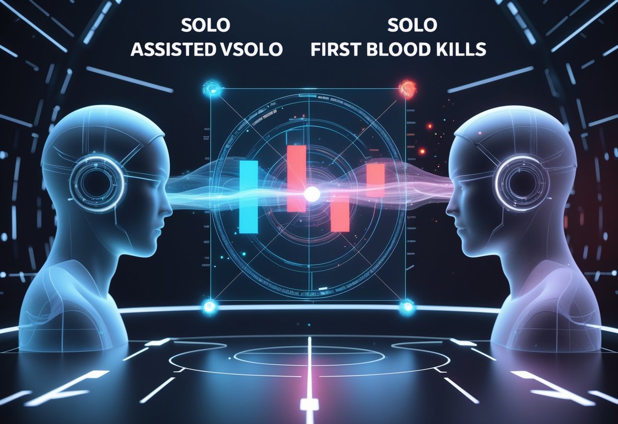 Two glowing humanoid figures face each other with a floating holographic chart between them showing data connections and graphs representing first blood kill comparisons.
