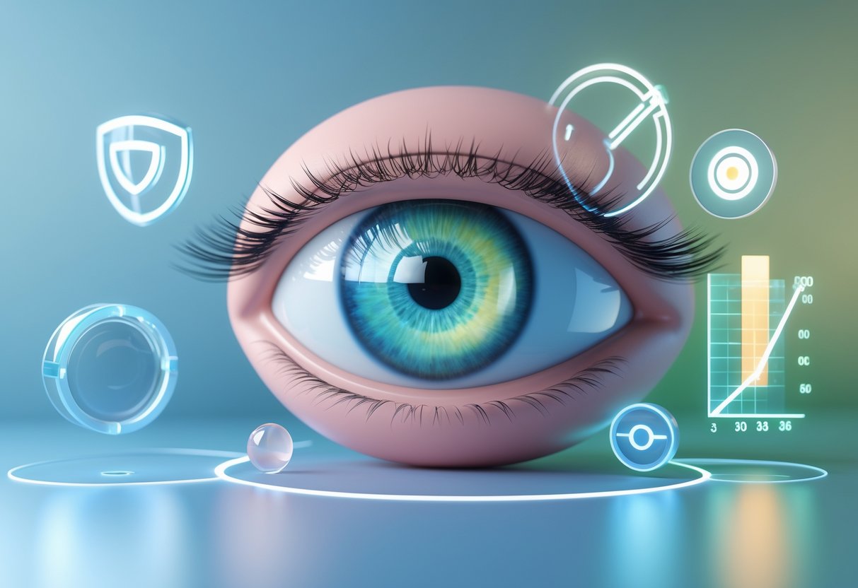 A detailed 3D image of a human eye surrounded by floating holographic icons representing eye health and vision protection.