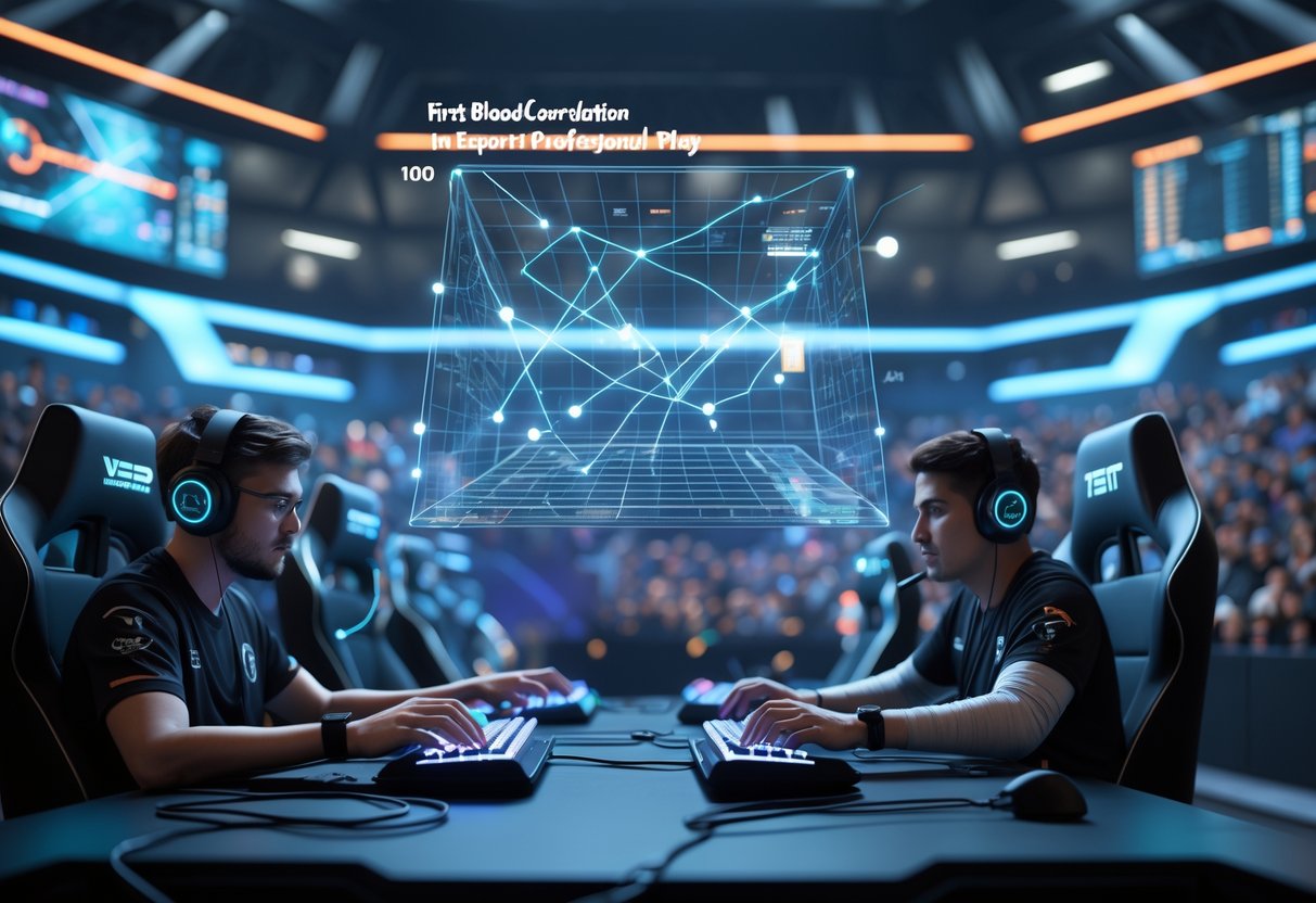 A 3D scene showing two esports players competing in a futuristic arena with holographic graphs and data visualisations floating between them, surrounded by a crowd of spectators.