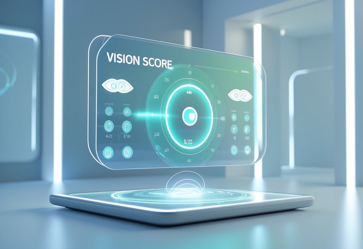 A 3D scene showing a futuristic holographic screen with circular progress bars and eye icons representing vision assessment in a modern tech environment.