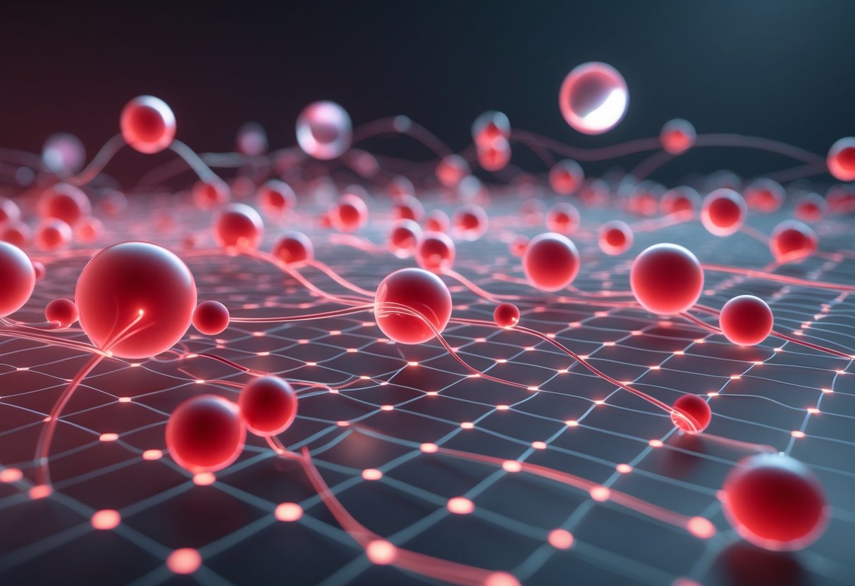 A 3D scene showing glowing red nodes connected by curved lines forming a network on a dark background, representing data correlation.