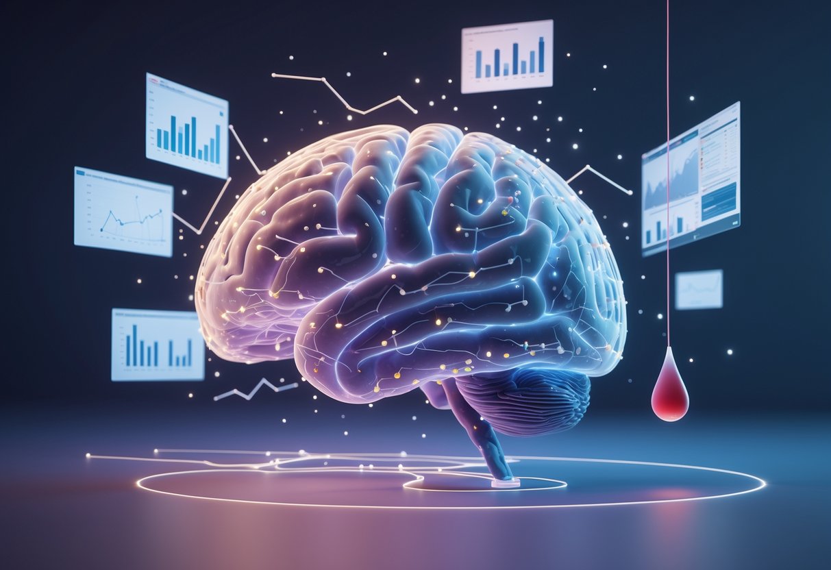 A 3D scene showing a glowing brain with some broken pathways, floating data charts with scattered points, and a red drop of blood connected to the brain by a glowing thread.