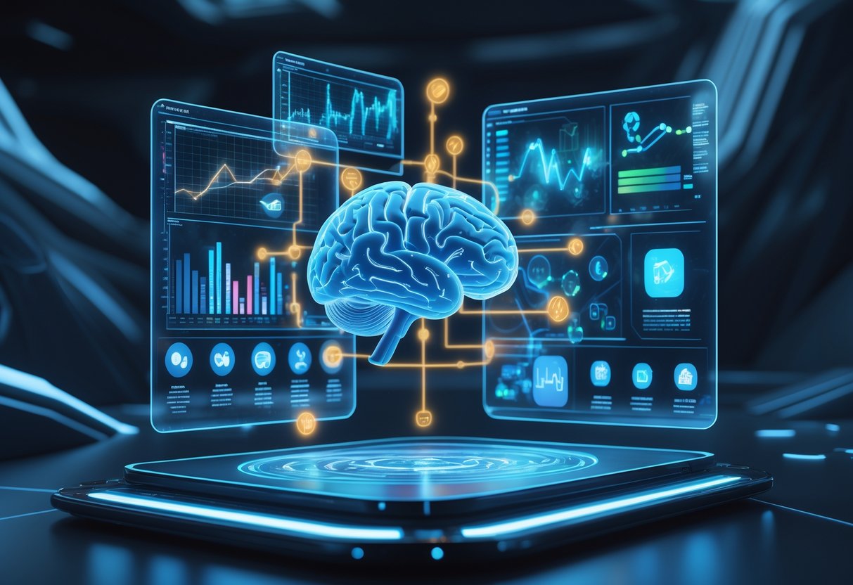 A 3D scene showing a holographic brain and heart connected by glowing pathways, surrounded by floating digital panels with icons representing different industries.