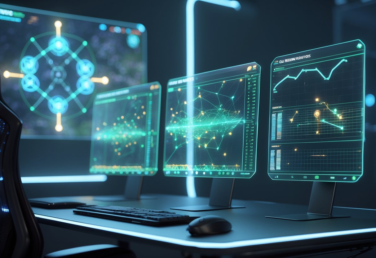 A 3D rendering of a high-tech workspace with holographic screens showing graphs, charts, and a digital game map highlighting player data and correlations.