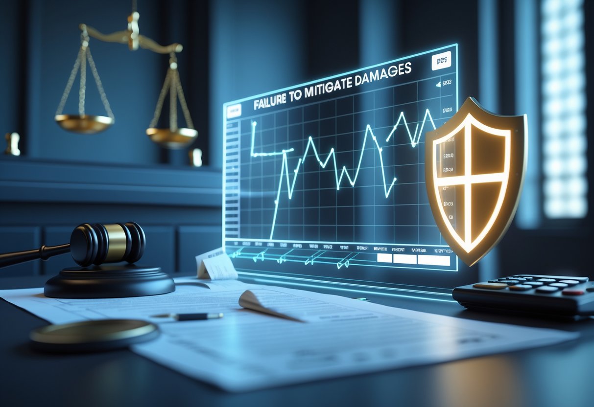 A 3D scene showing a courtroom with scales of justice, a broken shield, a glowing protective barrier, and a holographic graph representing damage evaluation and mitigation.