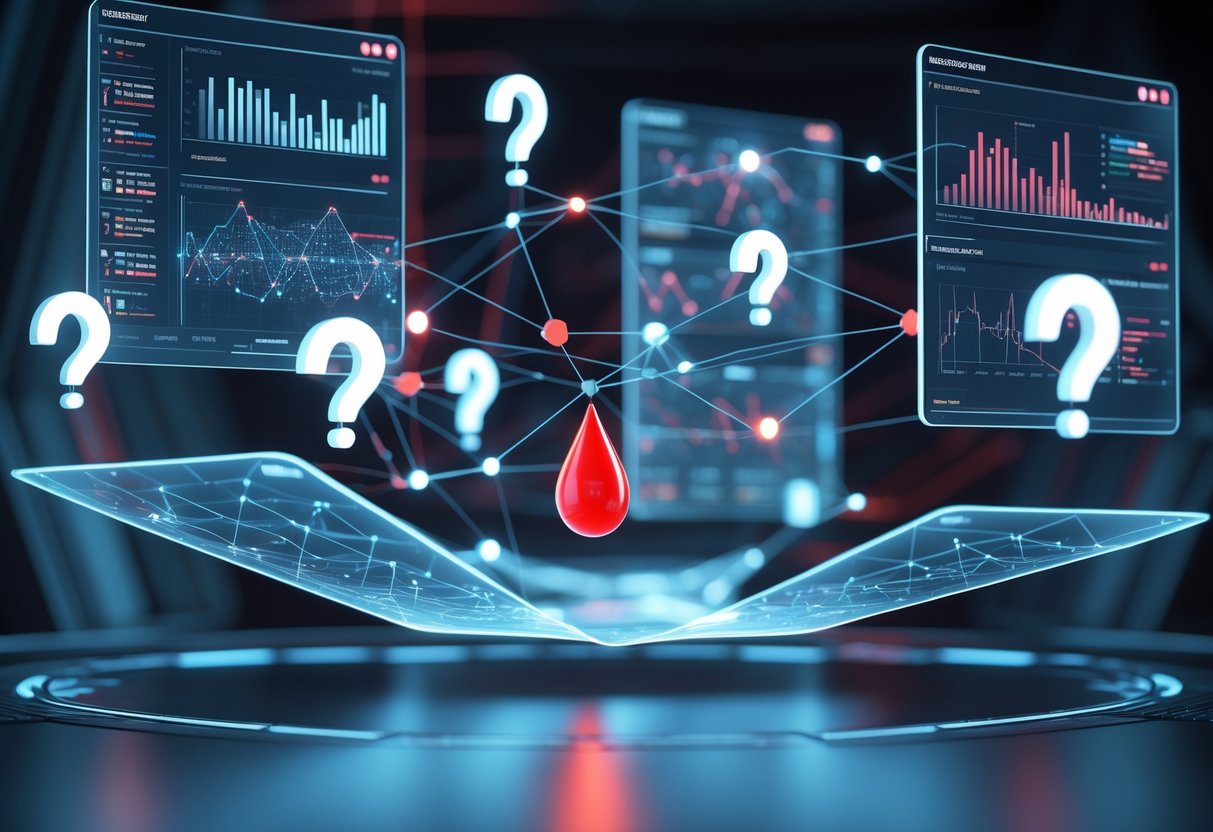 A 3D scene showing a glowing red drop connected by light lines to floating question marks and data points in a dark, high-tech environment.