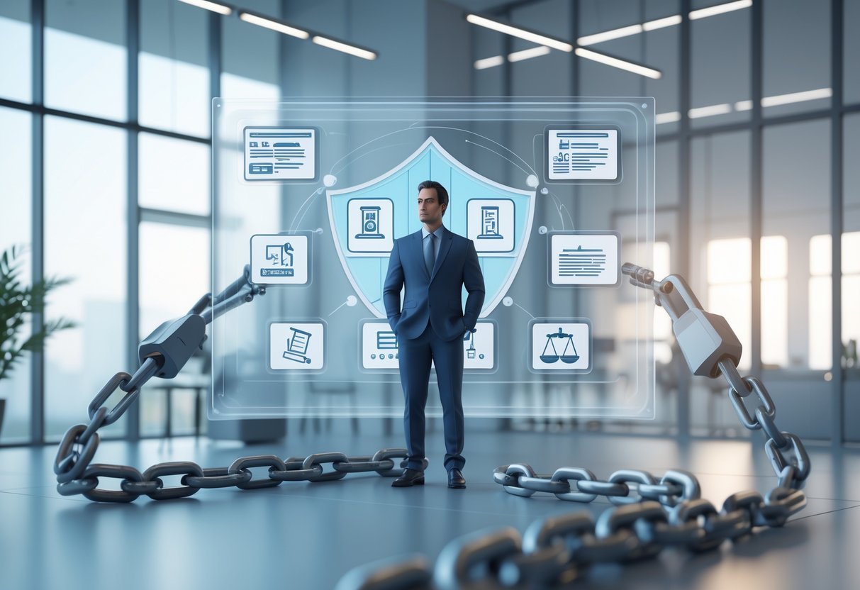 A businessperson in a modern office surrounded by symbols of legal protection and repair, including a shield, scales of justice, and robotic hands fixing a broken chain.