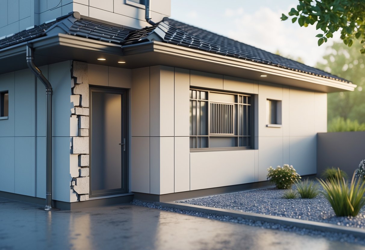 A modern rental house with visible repairs and damage prevention features like gutters, patched walls, and drainage around the foundation.