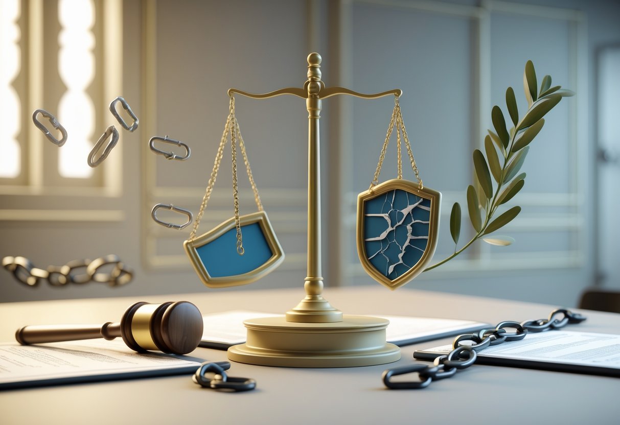A balanced scale of justice with a cracked shield on one side and an olive branch on the other, set in a calm legal environment symbolising damage mitigation in legal disputes outside contracts.