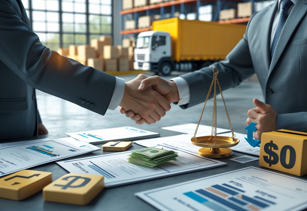 Two business people shaking hands over sales contracts with a shield protecting damaged goods and a balancing scale nearby, set in a warehouse with stacked products and a delivery truck.