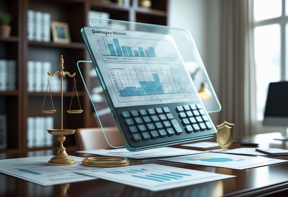 A 3D scene showing a digital calculator, balanced scales, a shield, and documents on a desk, representing the process of calculating damages with mitigation.