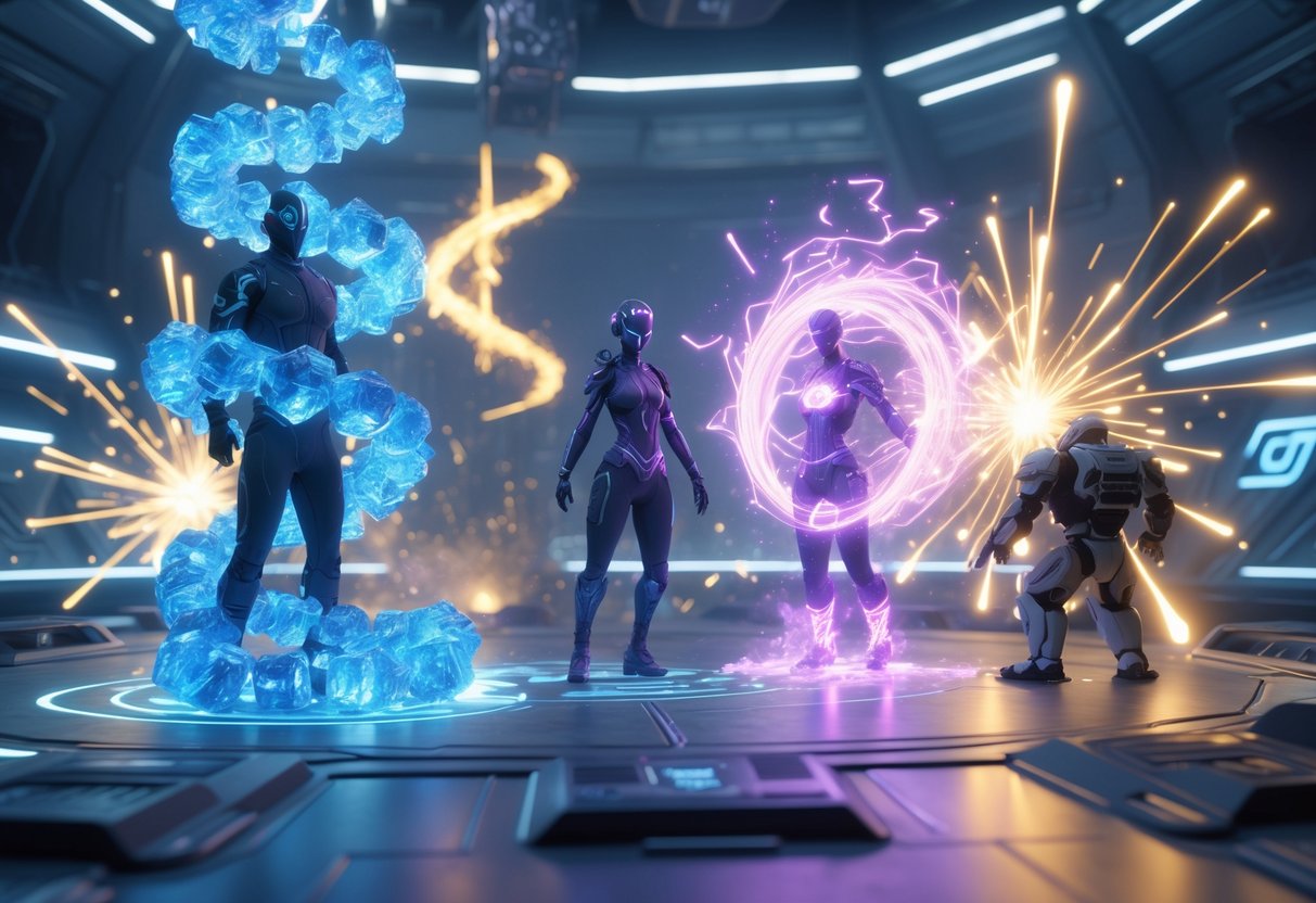 A futuristic arena showing different glowing effects restraining or protecting characters in a battle scene.