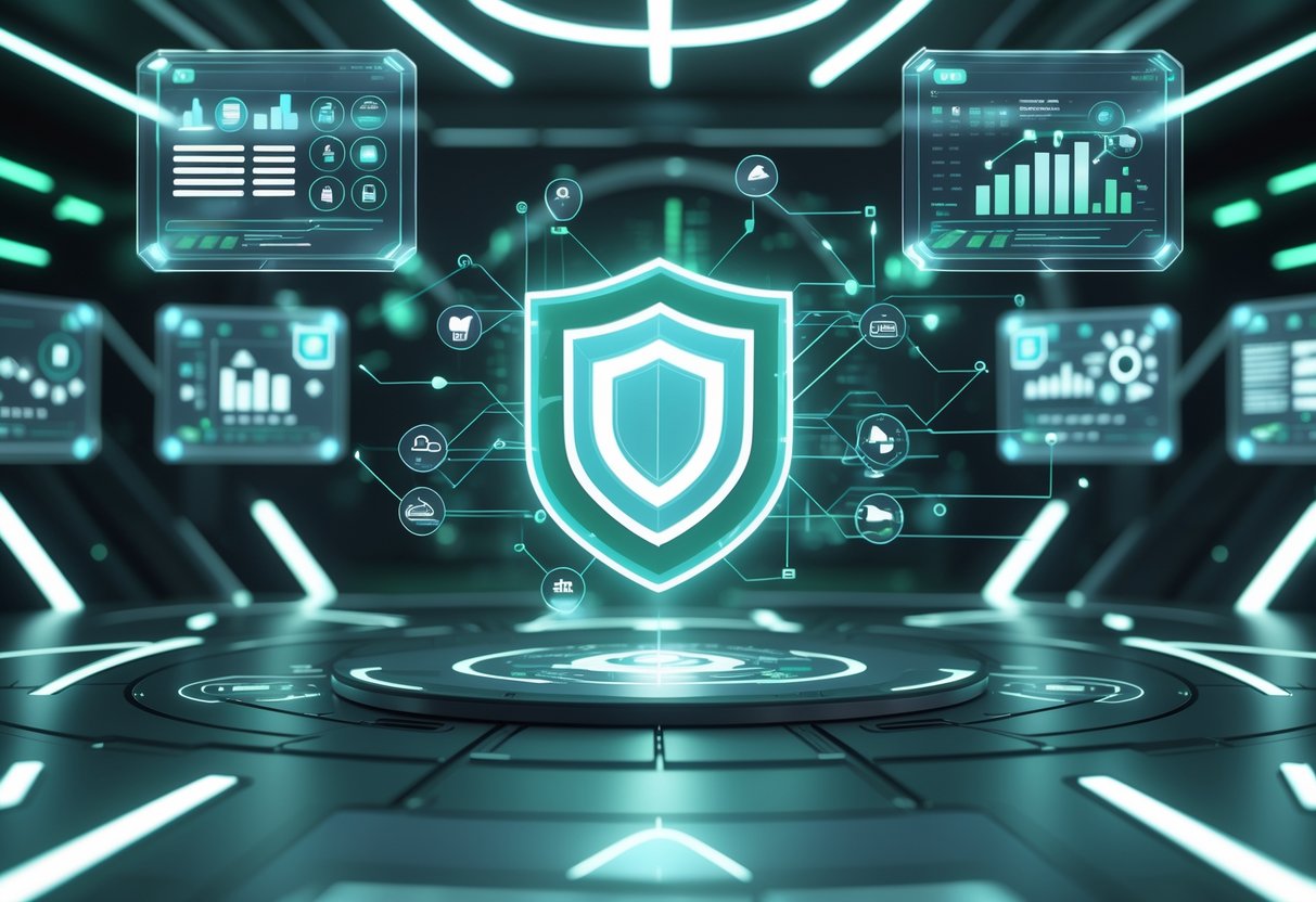 A futuristic control centre with glowing shield and floating holographic screens showing data about damage prevention and safety.