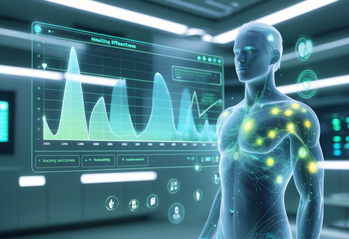 A futuristic medical scene showing a human figure with glowing areas indicating healing, surrounded by floating charts and icons representing health and recovery.