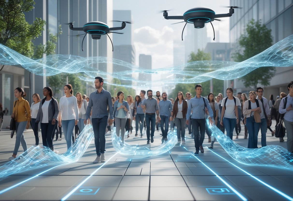 A diverse crowd of people being guided by holographic barriers and drones in a modern city environment.
